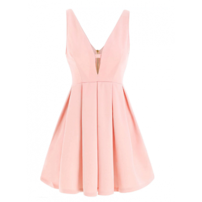 Fahion Plunging Neck Sleeveless Solid Color Zippered Dress For Women - Pink 